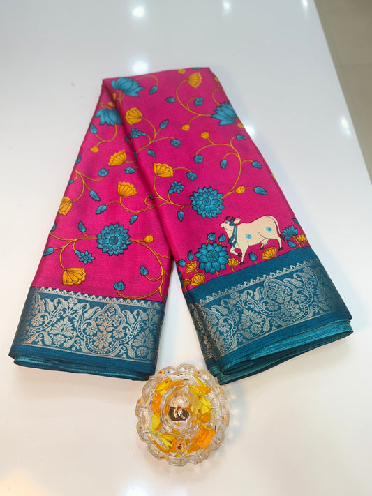 Madrasi Cotton Silk Saree with Cultural Print Motifs and Matching Blouse Piece for Women