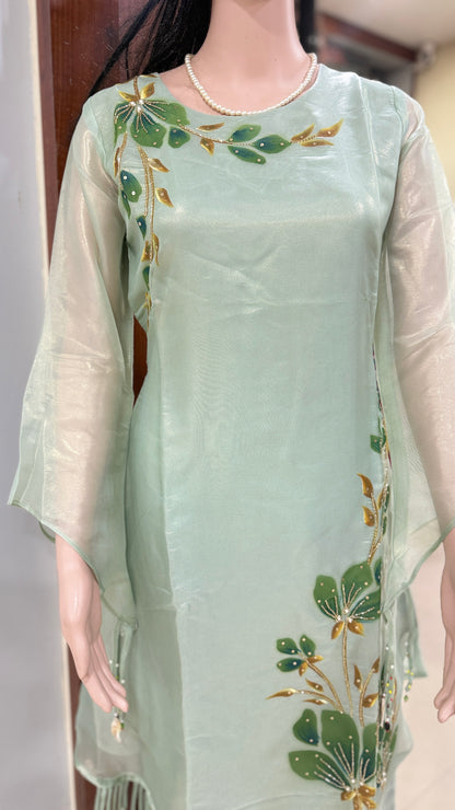 Brush painted shimmer tissue kurta pant set for women, asymmetric kurta with detailing work, sizes 38 to 44