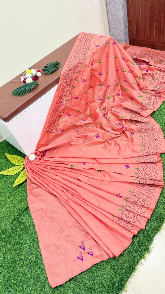 Assam Silk Saree with Kantha Stitch Hand Embroidery and Matching Blouse – Women’s Ethnic Wear