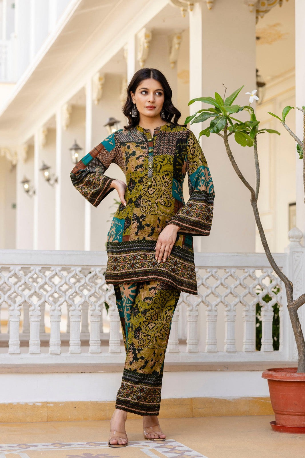 Pure Rayon Co-Ord Set with Floral Patch Digital Print, Kauri Buttons, and Flared Sleeves – Casual Fusion Wear for Women