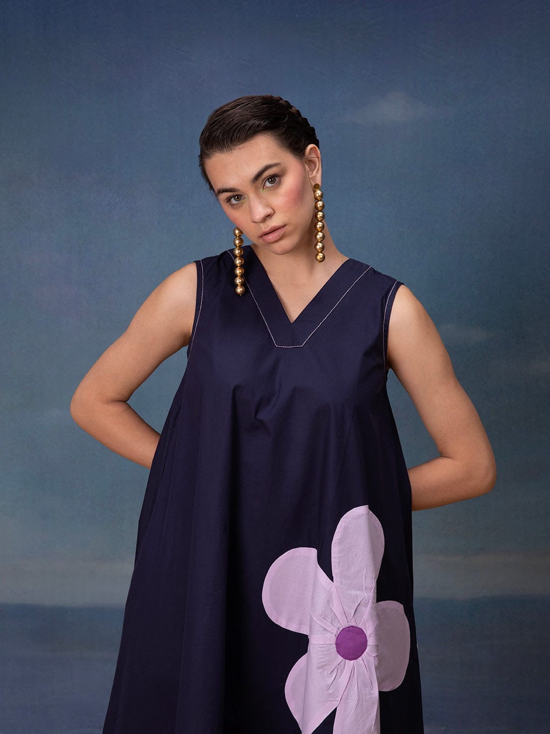 Poplin Cotton Sleeveless Midi Dress with Applique Detailing – Women’s Summer Casual Wear (M to XXL)