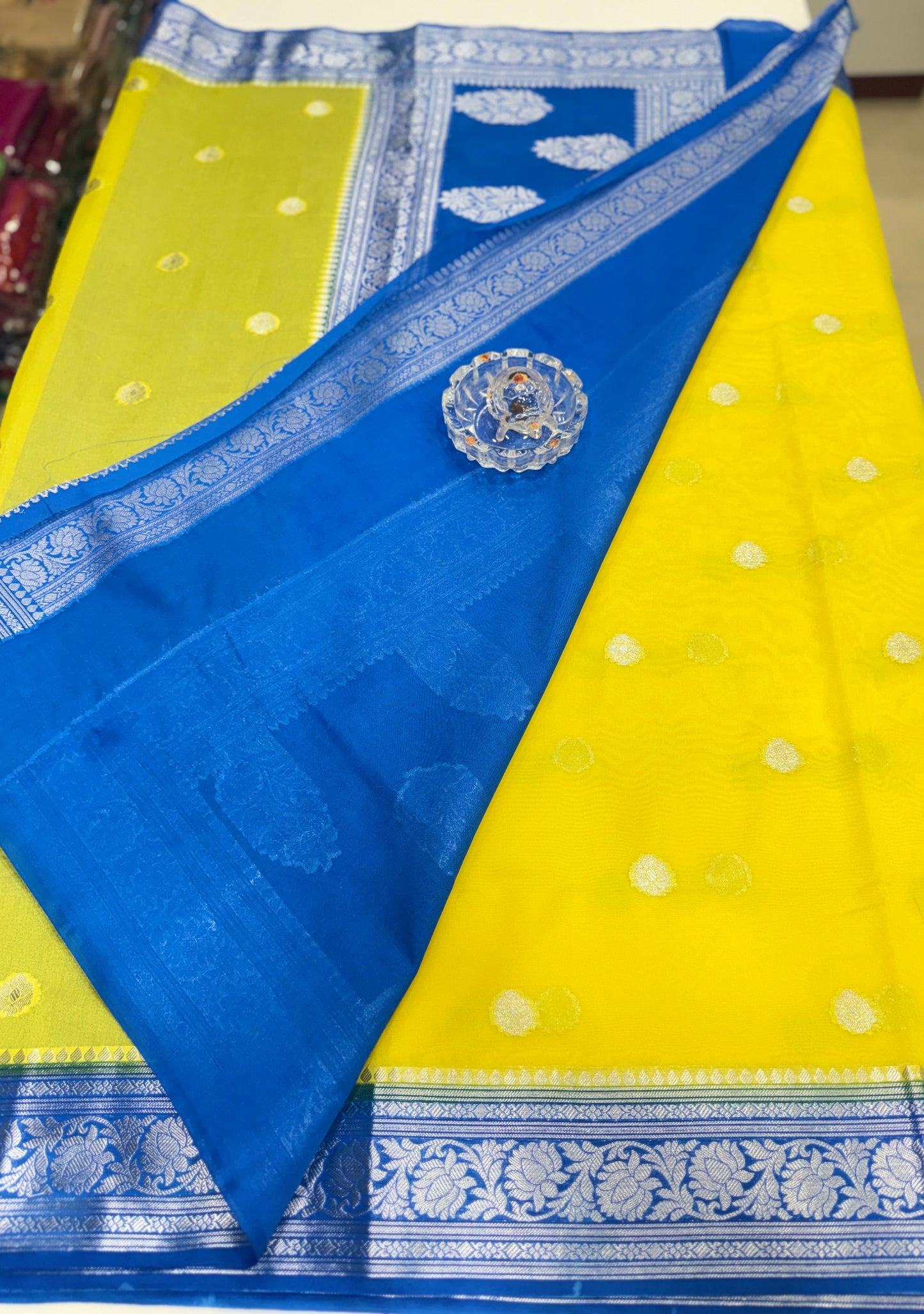 Banarasi semi georgette silk saree with silver zari buti design, contrast pallu and woven border for women