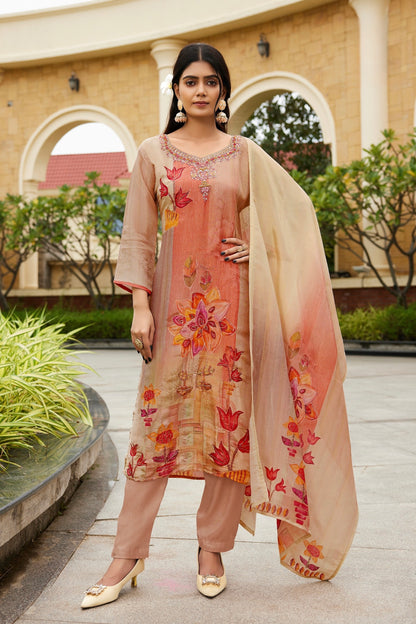 Pure Tissue Shimmer Kurta Set with Digital Print and Handwork – Kurti Pant Dupatta Set for Women