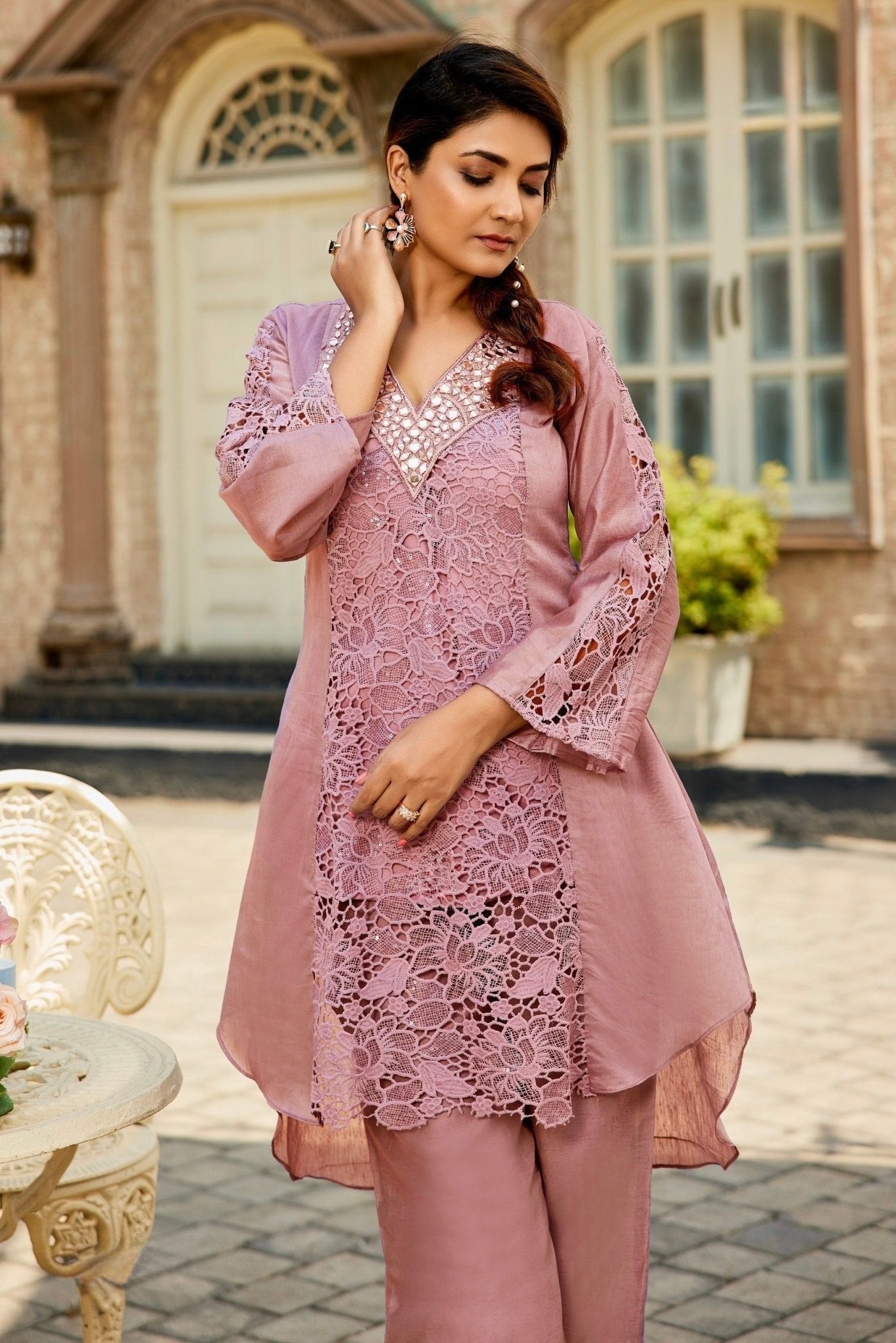 Women's Linen Co-ord Set with Mirror Work and Cotton Lace in Elegant Shade