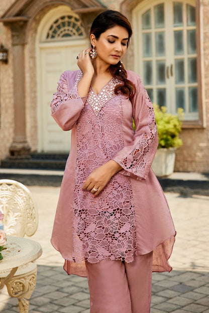 Women's Linen Co-ord Set with Mirror Work and Cotton Lace in Elegant Shade