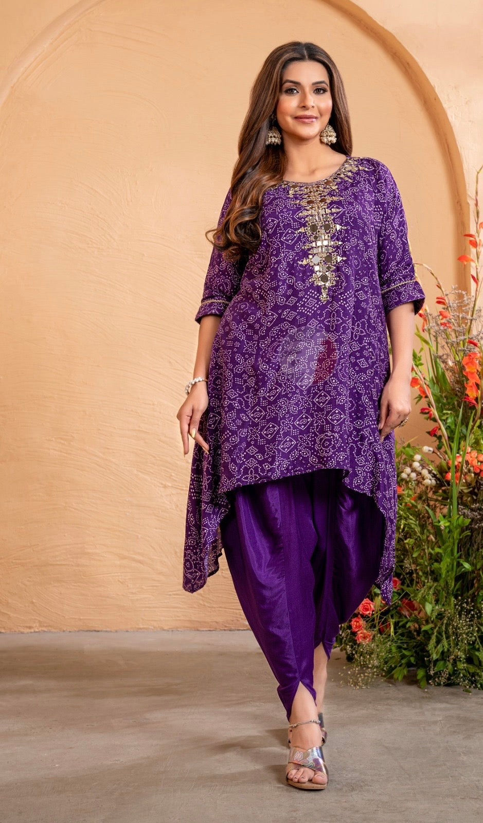 Dola Silk Kaftan Kurti with Tulip Pant for Women with Manual Mirror Embroidery - M and XXL