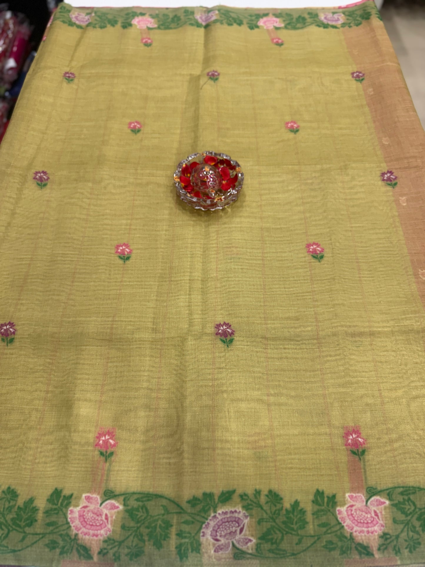 Tissue chanderi saree with floral border and tassel pallu, pastel printed saree for women