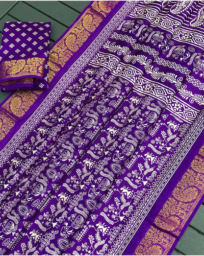 Soft Tussar Silk Slub Digital Print Saree with Golden Zari Weaving Border and Contrast Blouse