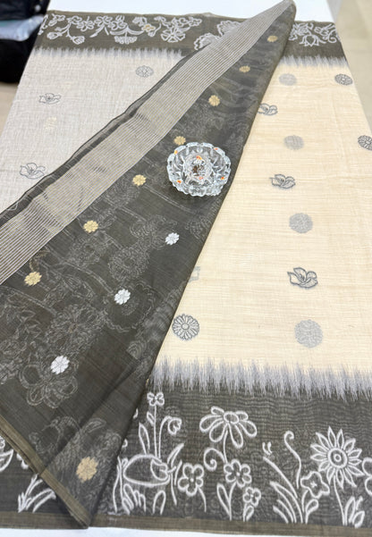 Munga cotton handloom weaving saree with woven floral border and tassel pallu for women