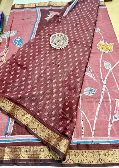 Chennuri silk style printed saree with traditional artwork border and unstitched blouse fabric for women