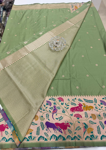 Paithani printed soft silk saree with zari-style border and contrast blouse for women
