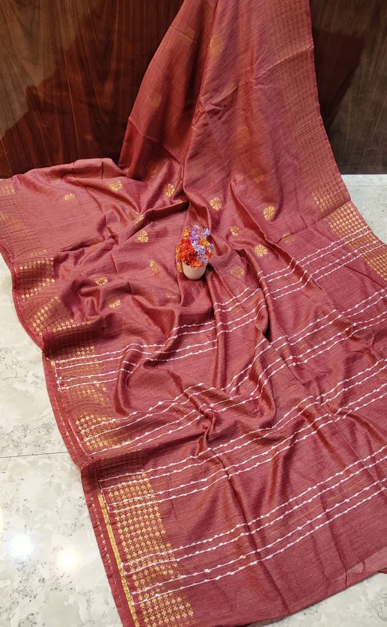 Muga Silk Saree with Sequence Pallu, Weaving Butta Design and Blouse Piece for Women