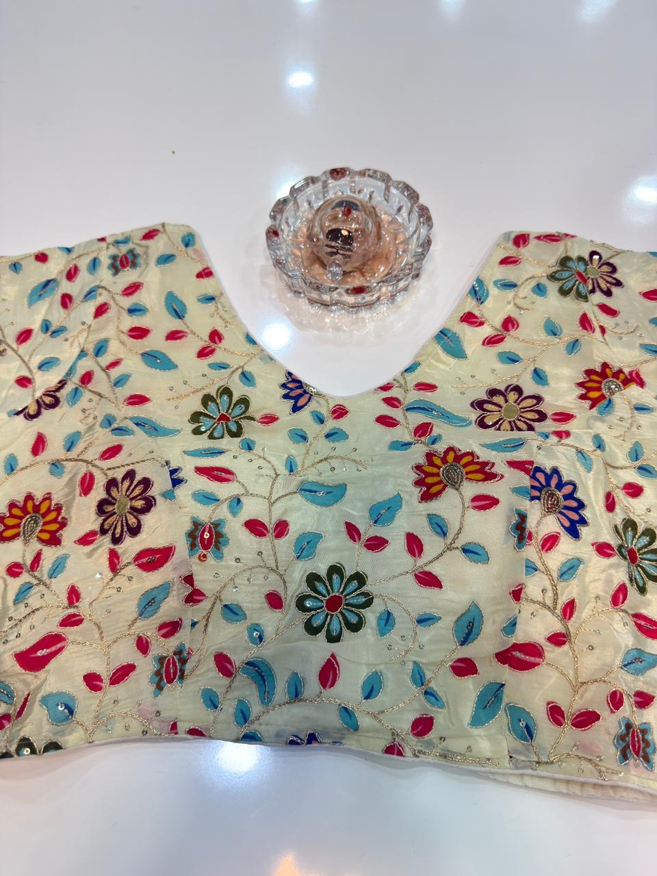 Pure silk embroidered readymade blouse for women, floral print, 3/4 sleeve, padded, size 38–42, 15 inch length
