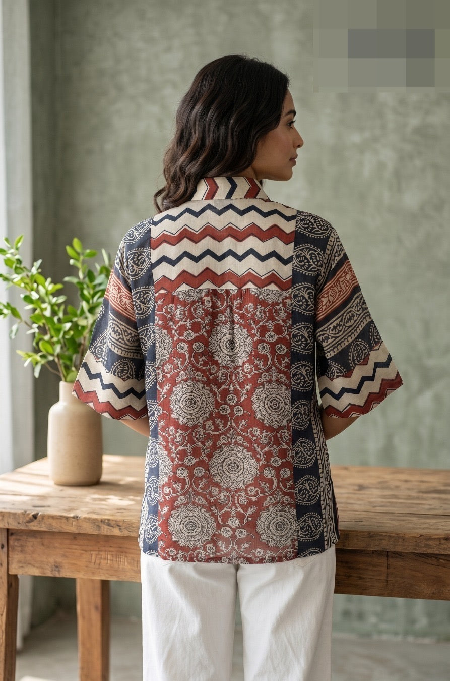 Mul Chanderi Patchwork Print Shirt for Women, Red Navy Beige, Sizes 38-44