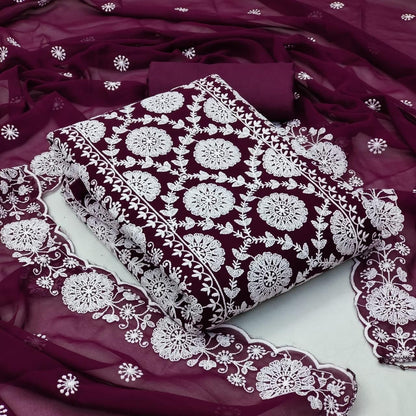 Unstitched Georgette Dress Material Set with Cotton Dhaga Work, Shantoon Bottom and Dupatta