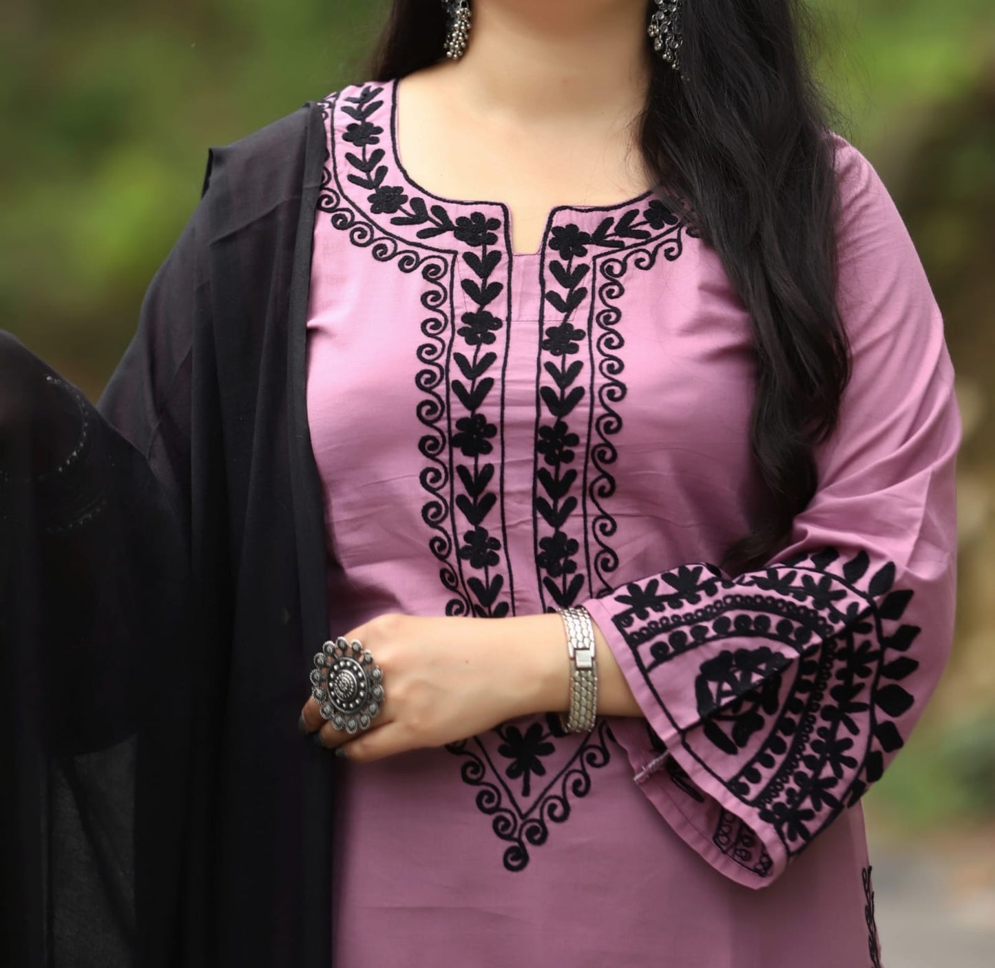 Embroidered Cotton Kurti Pant Dupatta Set for Women with Designer Sleeves – Sizes 38 to 46