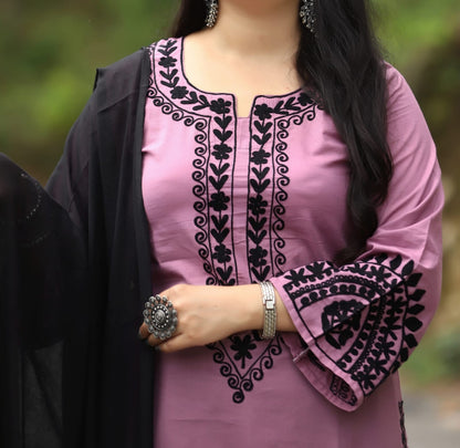 Embroidered Cotton Kurti Pant Dupatta Set for Women with Designer Sleeves – Sizes 38 to 46