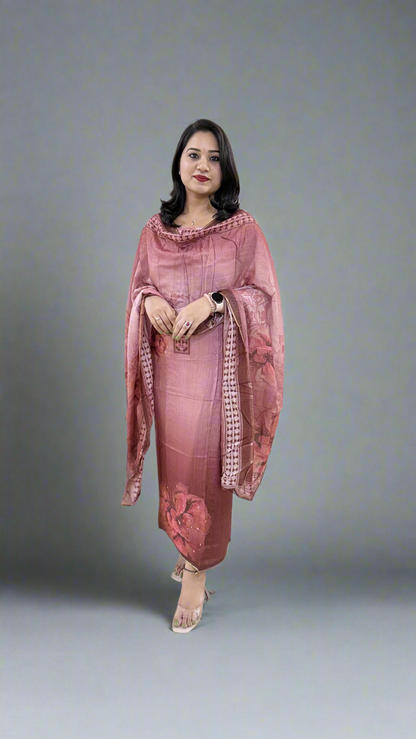 Unstitched Viscose Muslin Shimmer Dress Material with Digital Print, Aari Sequins Mirror Work and Dupatta