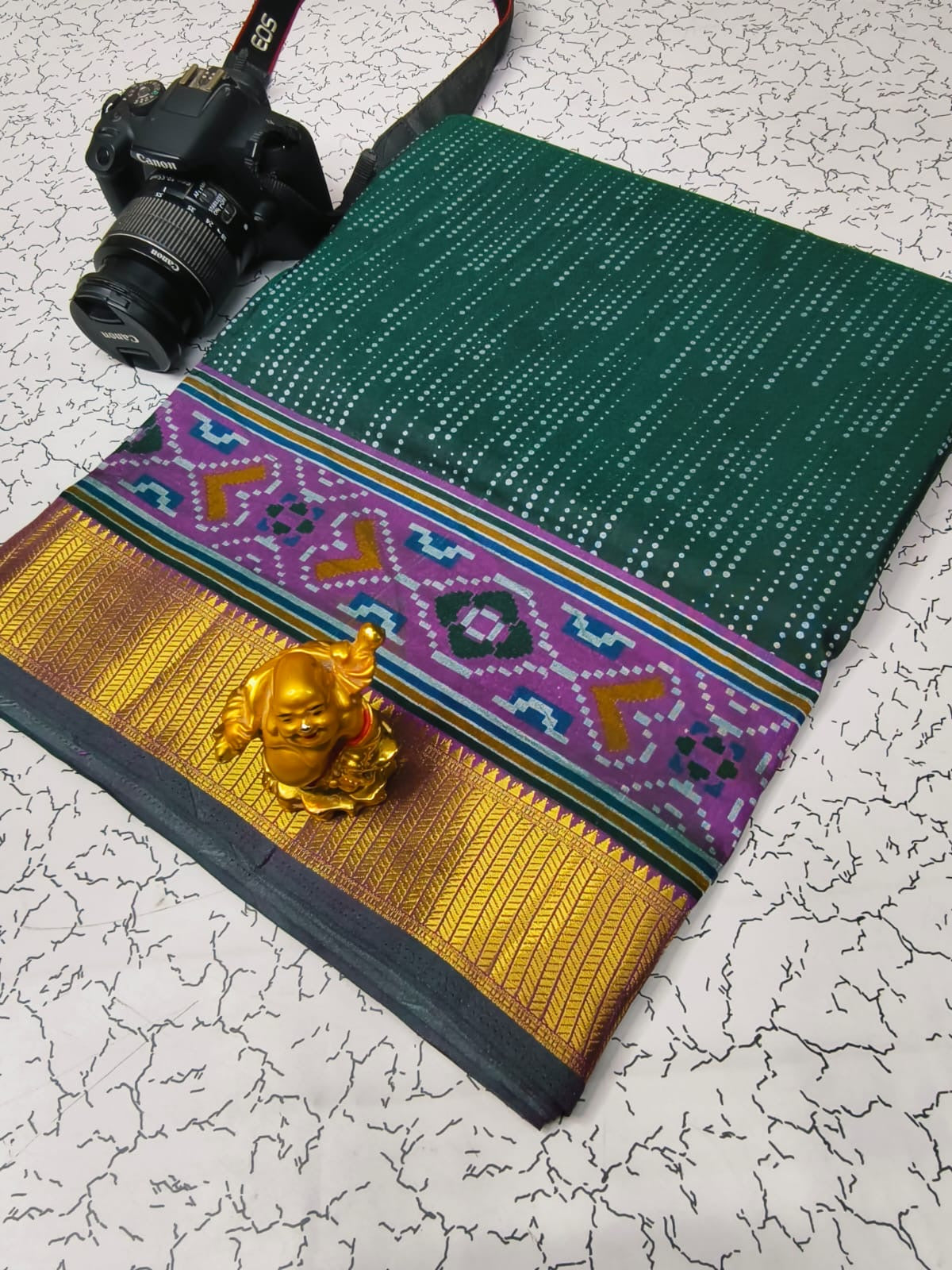 Soft Pochampally Silk Saree with Printed Multi-Butta Design and Contrast Running Blouse