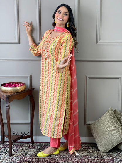 Chanderi Silk Digital Print Kurta Pant Dupatta Suit Set with Embroidery and Chiffon Dupatta – Sizes 38 to 44