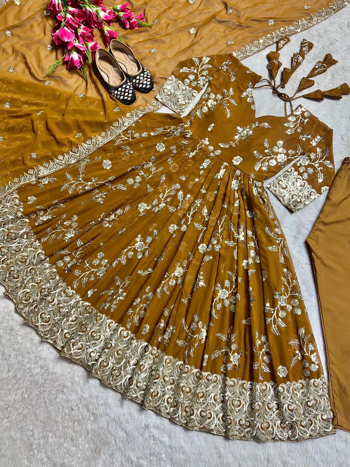 Faux Georgette Anarkali Suit with Sequins Embroidery, Cotton Pants and Dupatta for Women