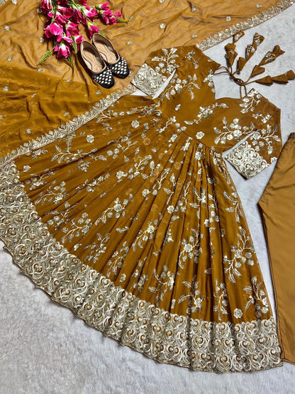 Faux Georgette Anarkali Suit with Sequins Embroidery, Cotton Pants and Dupatta for Women