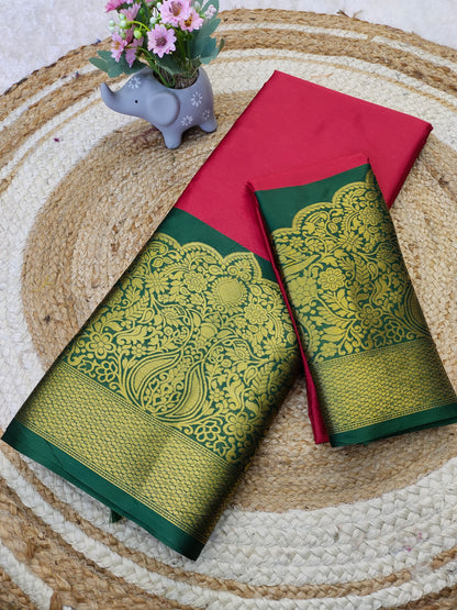 Kanjivaram Narayanpeth Silk Saree with Mor Designer Border and Contrast Pallu – With Blouse Piece
