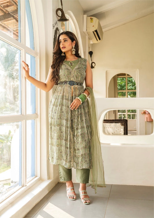 Nyra Cut Crochet Georgette Kurti Set with Jaam Silk Pant, Net Dupatta and Handwork Belt – Sizes L, XL