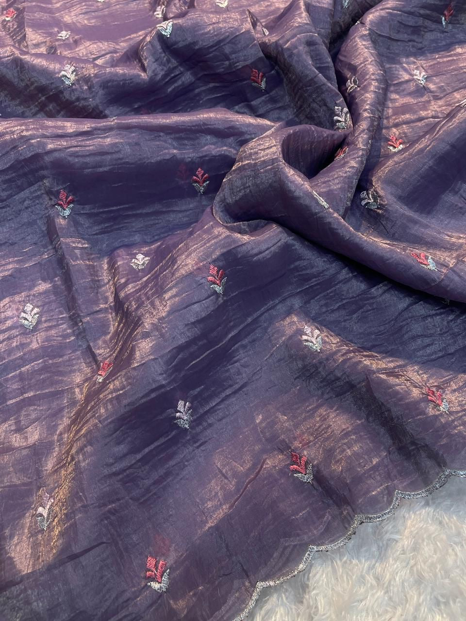 Crush Tissue Saree with Multi-Embroidery Work and Running Blouse for Women