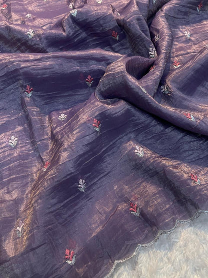 Crush Tissue Saree with Multi-Embroidery Work and Running Blouse for Women