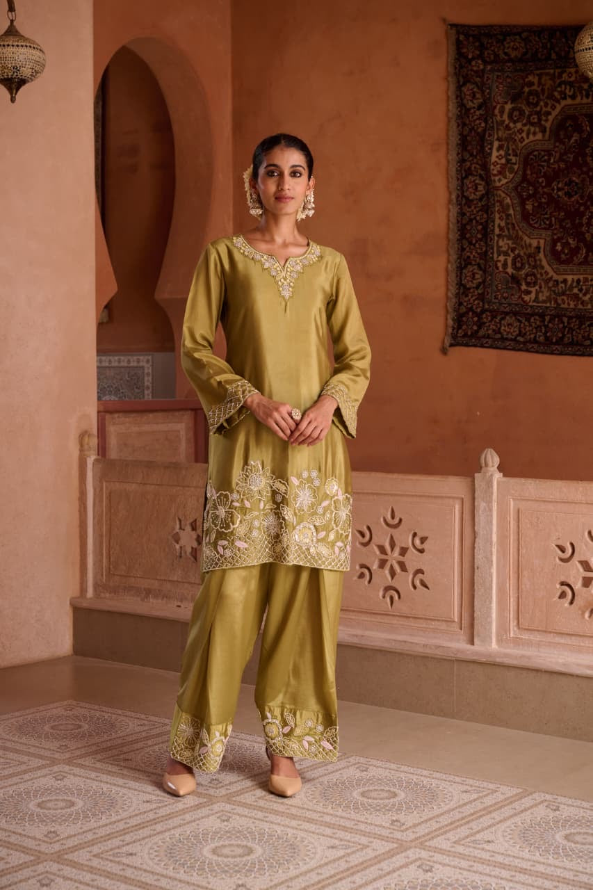 Embroidered HO Silk Glass Shimmer Kurta Farsi Pant Dupatta Set for Women