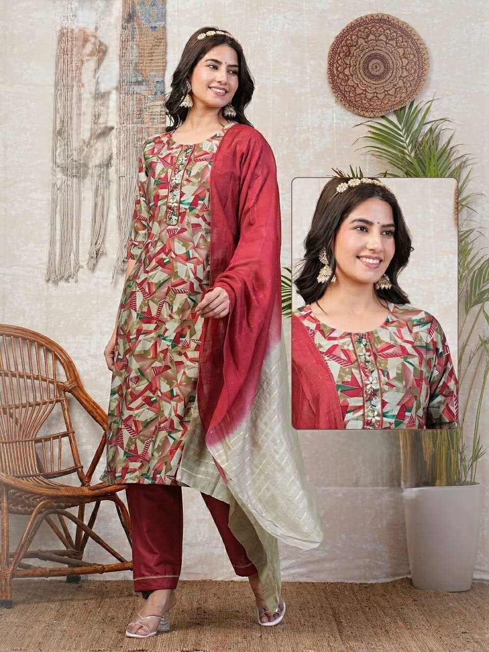 Chanderi Foil Print Kurti Set with Silk Bottom and Jacquard Sequins Dupatta – Women’s Sizes L, XL