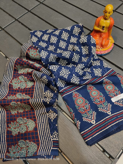 Semi Modal Silk Saree with Hand Block Prints and Contrast Blouse for Women
