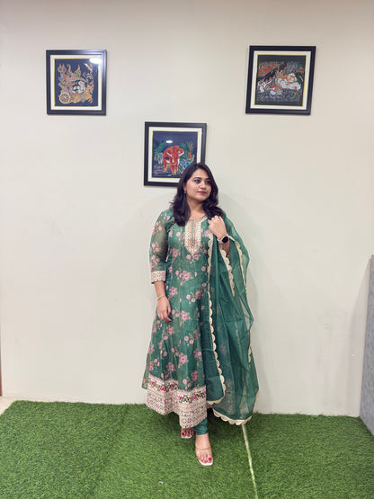 Tissue Organza Anarkali Gown with Digital Floral Print Zari Sequence Embroidery and Dupatta for Women