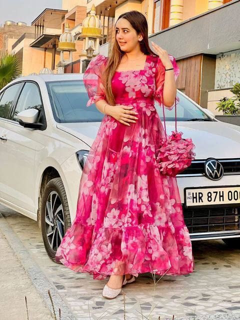 Hot Pink Tabby Organza Maxi Dress for Women with Flare and Square Neck – M to XXL