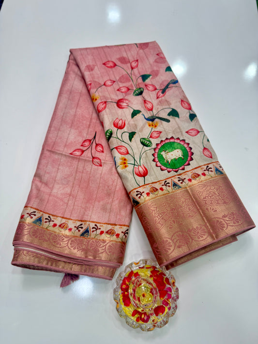 Boyanapalli-Style Silk Blend Saree with Jacquard Border and Chit Pallu – Printed Festive Saree for Women