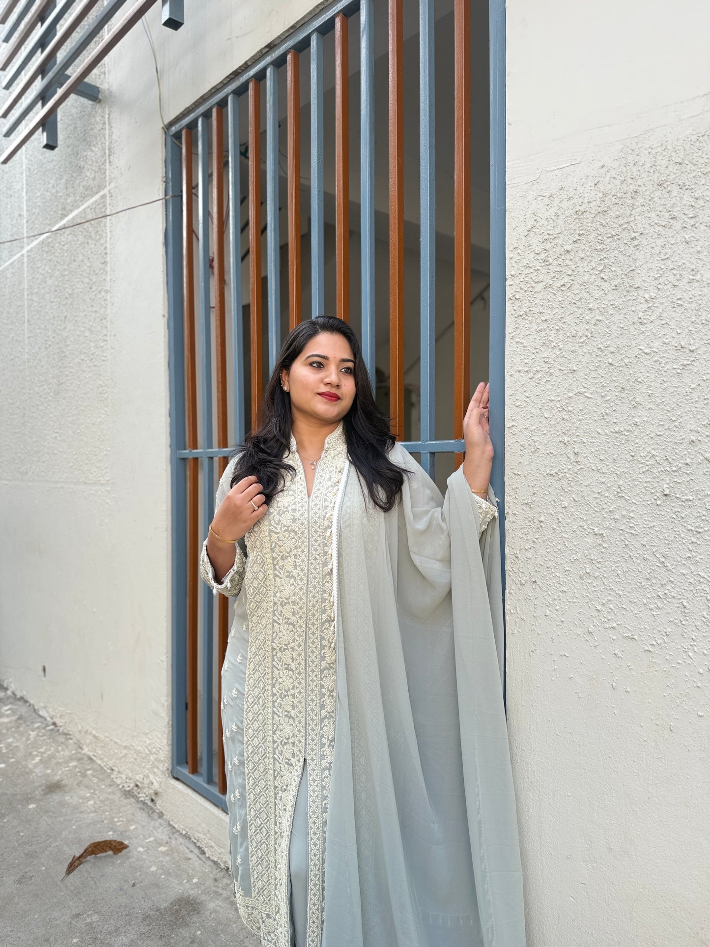 Women’s premium georgette embroidered stitched suit set with beads work and palazzo (XL)