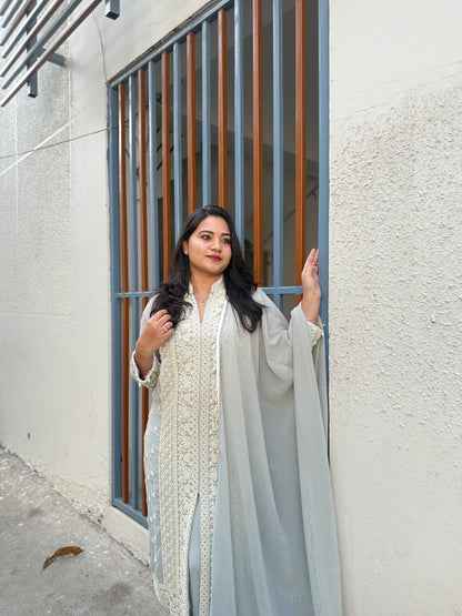 Women’s premium georgette embroidered stitched suit set with beads work and palazzo (XL)