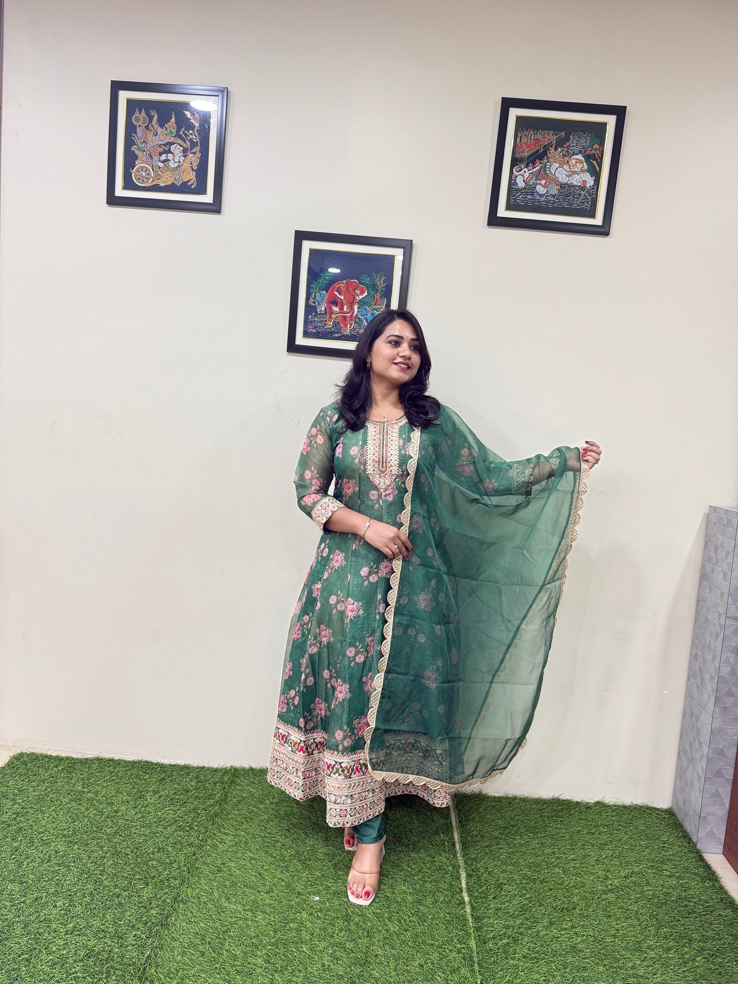 Tissue Organza Anarkali Gown with Digital Floral Print Zari Sequence Embroidery and Dupatta for Women