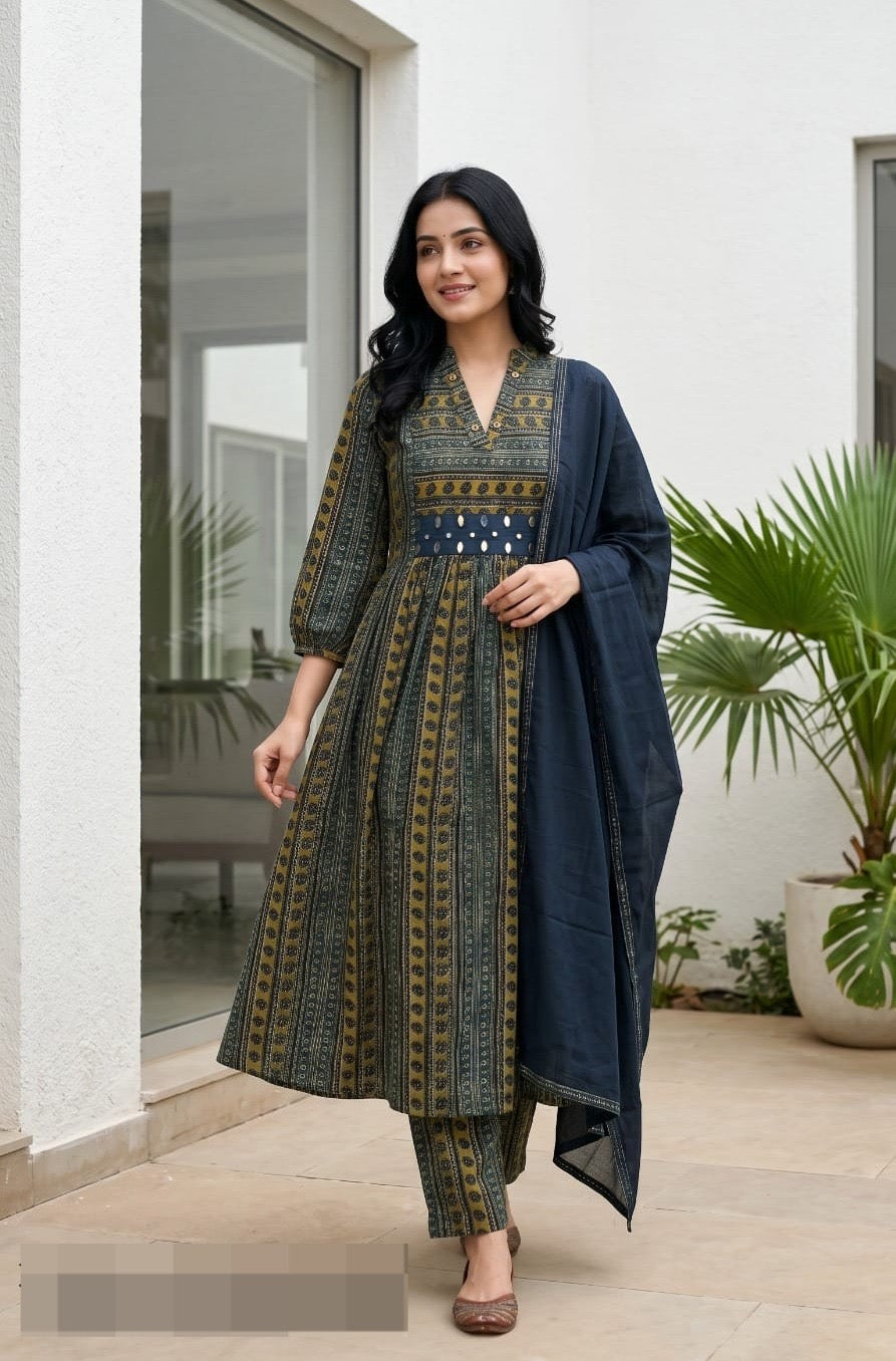 Printed Cotton Mirror Work Kurta Pant Dupatta Set Olive Navy