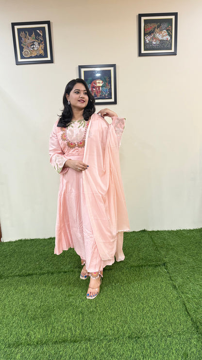 Pure Real Silk Ethnic 3-Piece Set with Embroidered Tissue or Organza Dupatta – Free Size Stitched