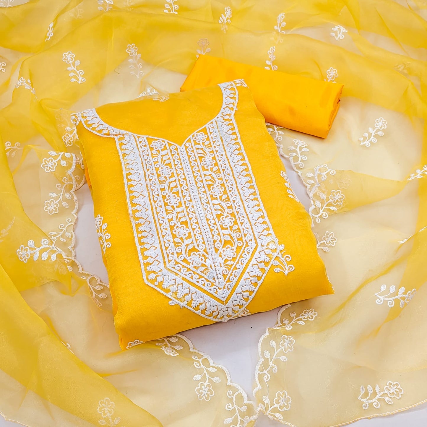 Unstitched Organza Silk Dress Material with Multi-Work Detailing, Micro Fabric Bottom and Organza Dupatta