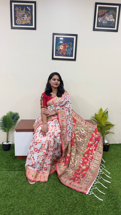 Semi-Chanderi Silk Pashmina Saree with Woven Pattern – Winter Festive Saree for Women