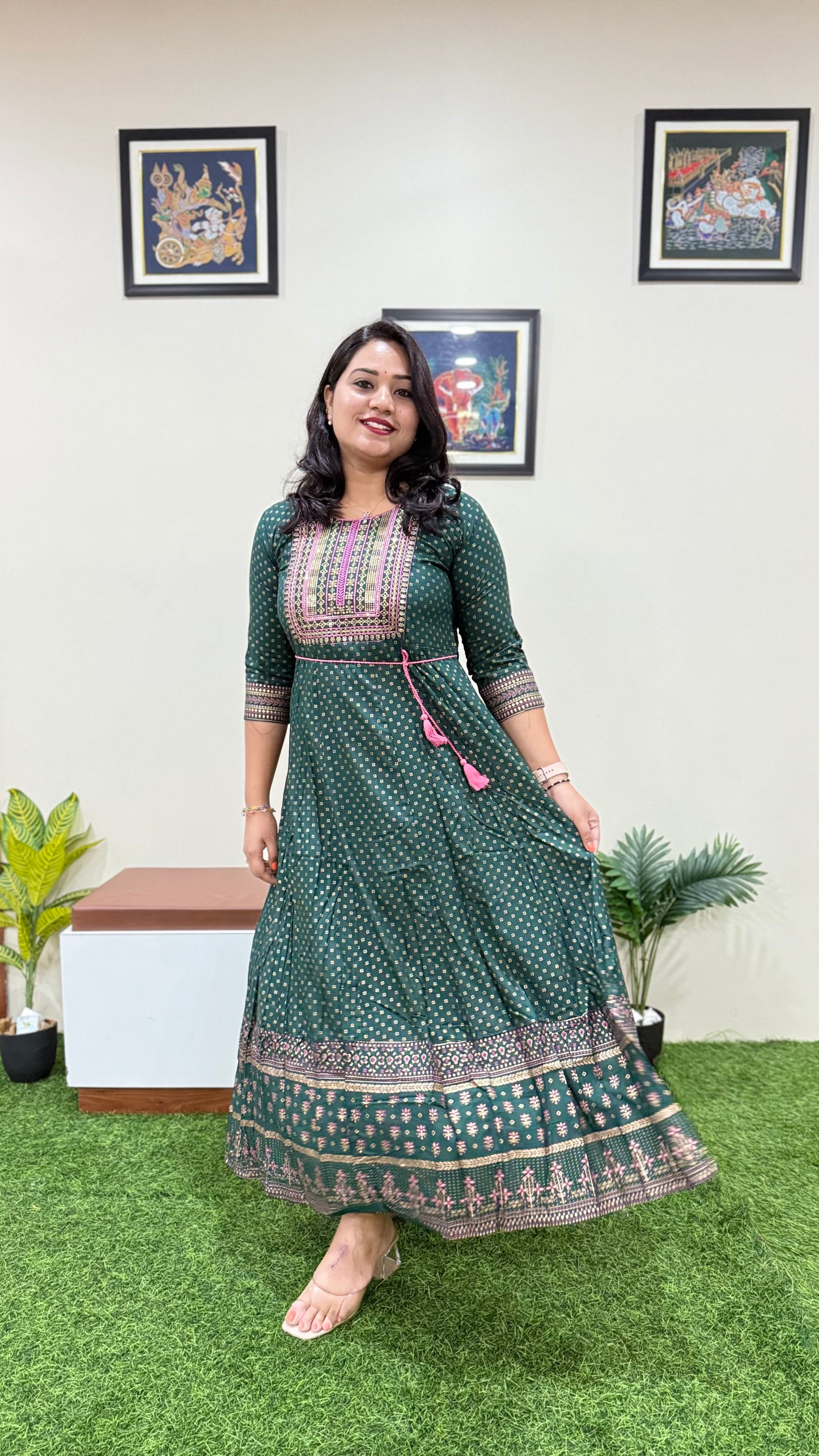 Rayon Foil Print Anarkali Gown with Embroidered Neck and Belt – Liva Tag – Sizes M to 3XL