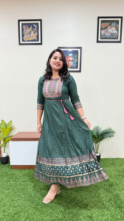 Rayon Foil Print Anarkali Gown with Embroidered Neck and Belt – Liva Tag – Sizes M to 3XL