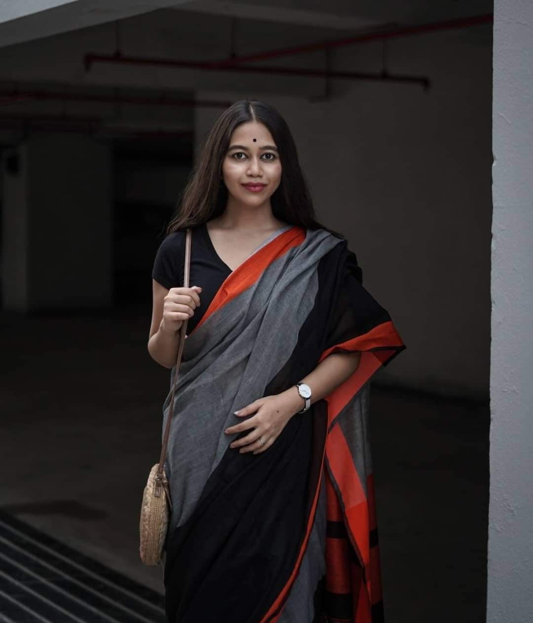 Charcoal Cotton Blend Textured Weave Saree with Matching Blouse Piece for Women