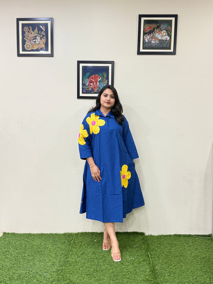 Poplin Cotton Applique Midi Dress with Bold Floral Motifs – Women’s Casual Wear (M to XL)