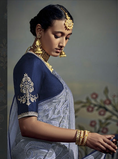 brasso print saree with fancy blouse