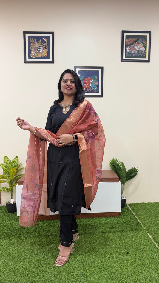 Vertican Silk Straight Cut Kurta Pant Dupatta Set with Organza Digital Print Dupatta – Sizes XL to 3XL