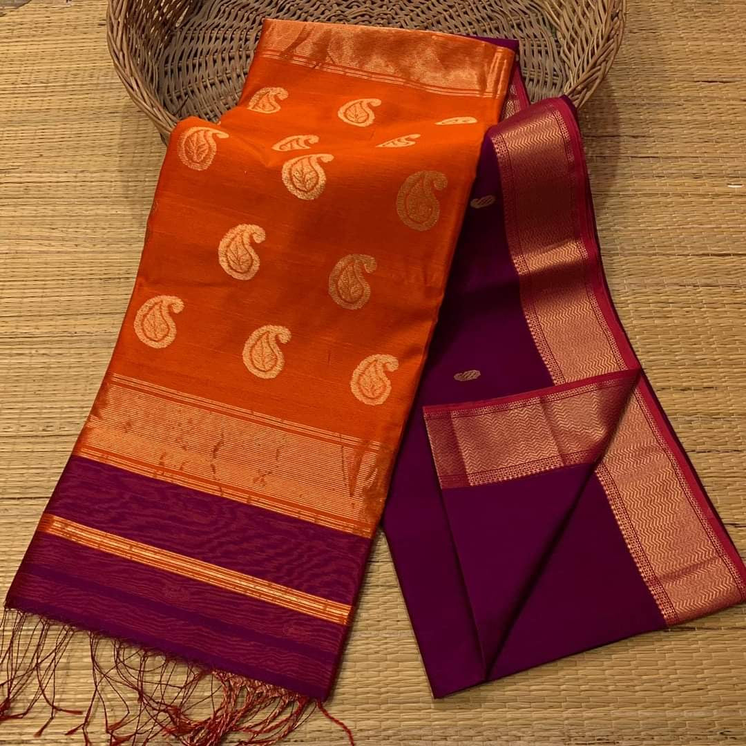Maheshwari Silk Cotton Saree with Mango Butta Motifs & Gold Zari Border